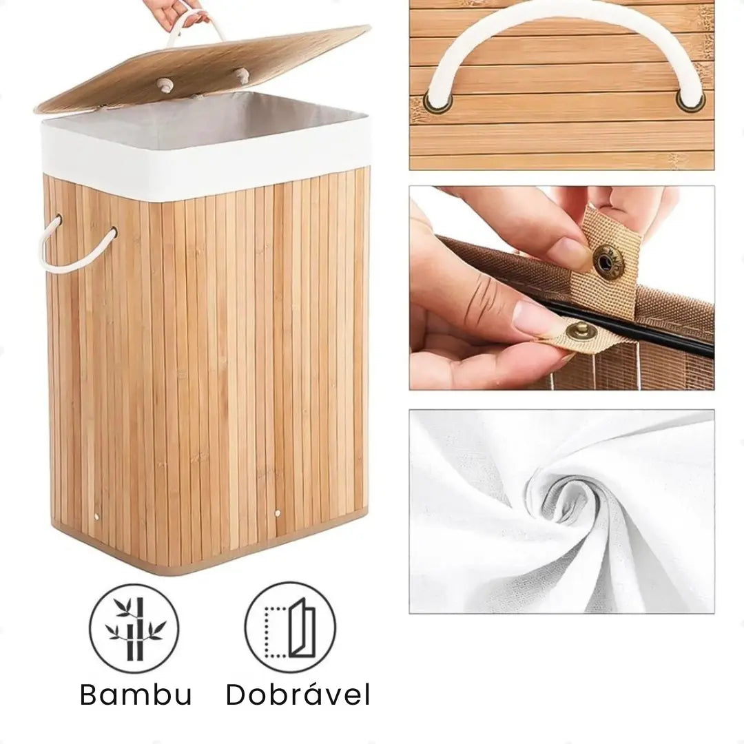 Cesto de Roupa Bambu com Tampa Retangular