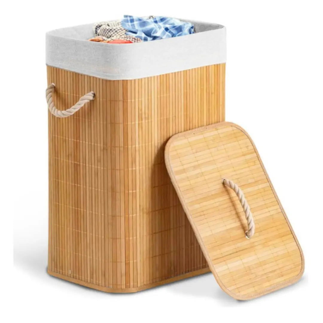 Cesto de Roupa Bambu com Tampa Retangular